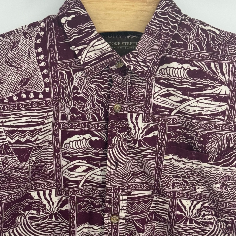 Cooke Street Mens Hawaiian Shirt Large Maroon Woodblock Print Cotton Aloha